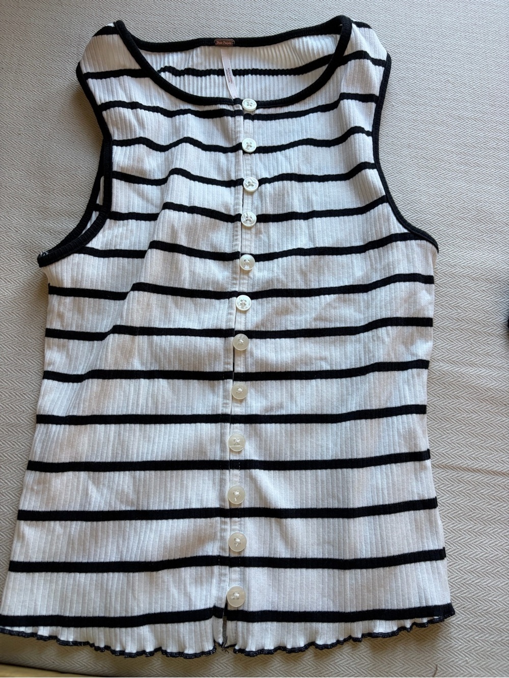 Free People White and Black Striped Ribbed Button-Back Tank